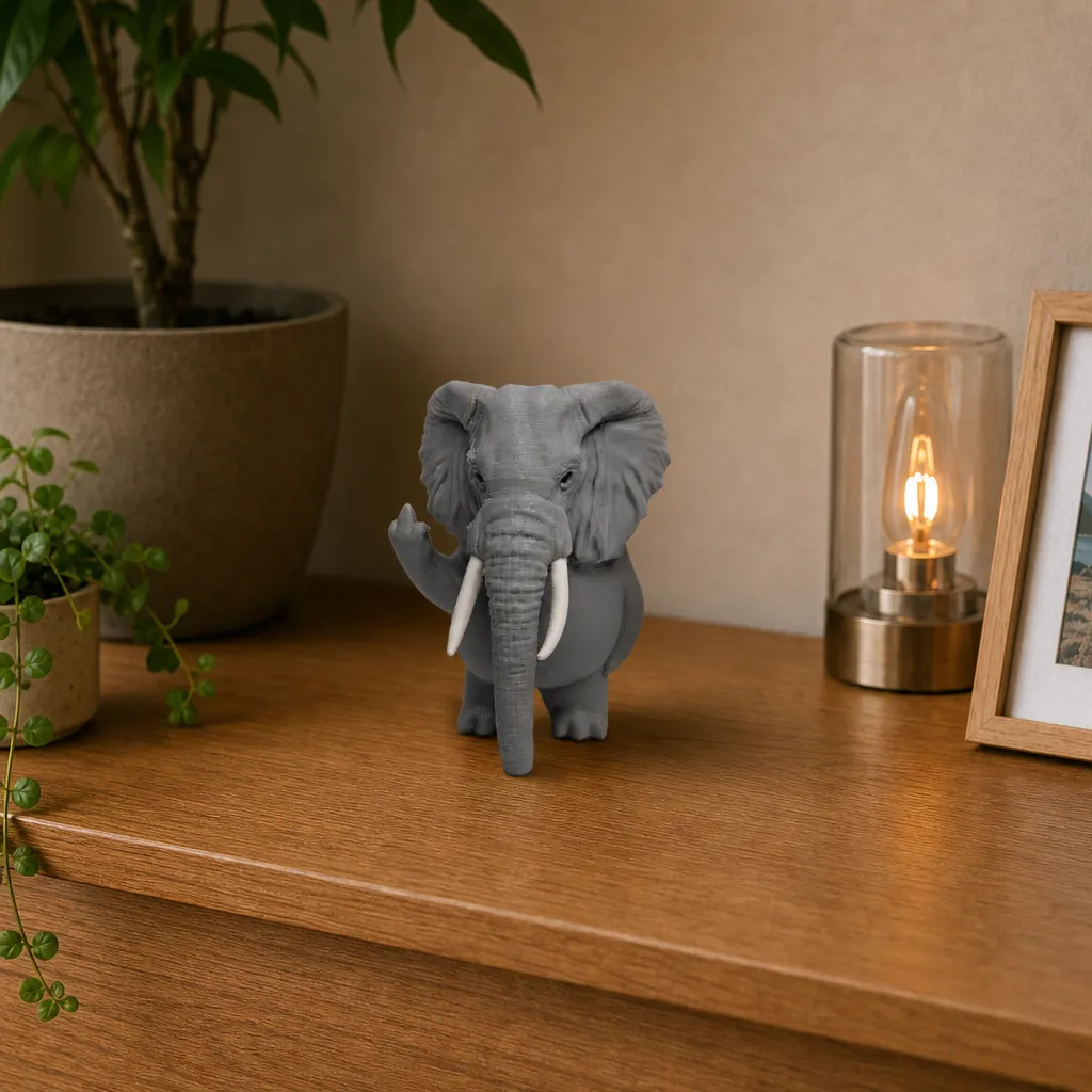Grijze olifant bureau decoratie op een houten plank naast een plant, lamp en ingelijste foto.