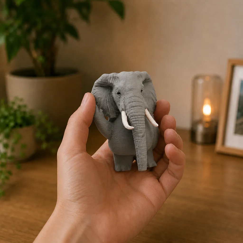 Grijze olifant met attitude wordt in een hand gehouden, waarbij de opgestoken slurf en witte slagtanden duidelijk zichtbaar zijn.