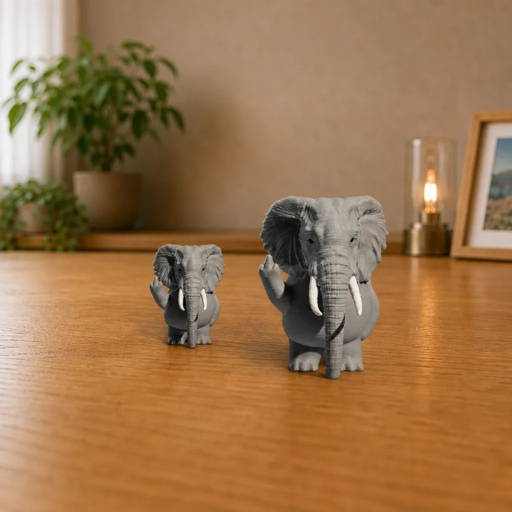 Twee grijze olifanten als decoratie staan naast elkaar op een houten tafel, met de kleinere links van de grotere.