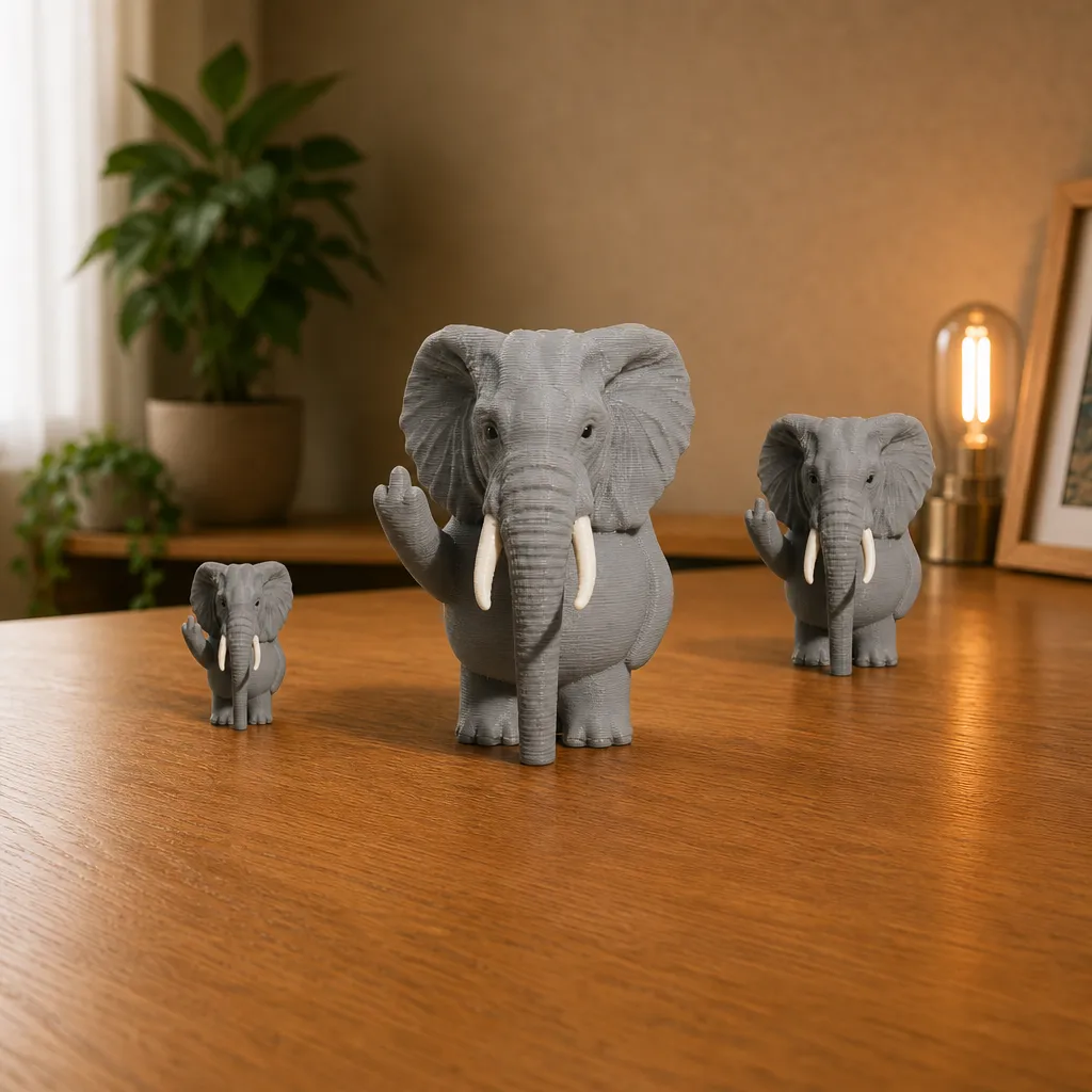 Drie grijze olifanten bureauaccessoires in verschillende formaten op een houten tafel, met de grootste vooraan.