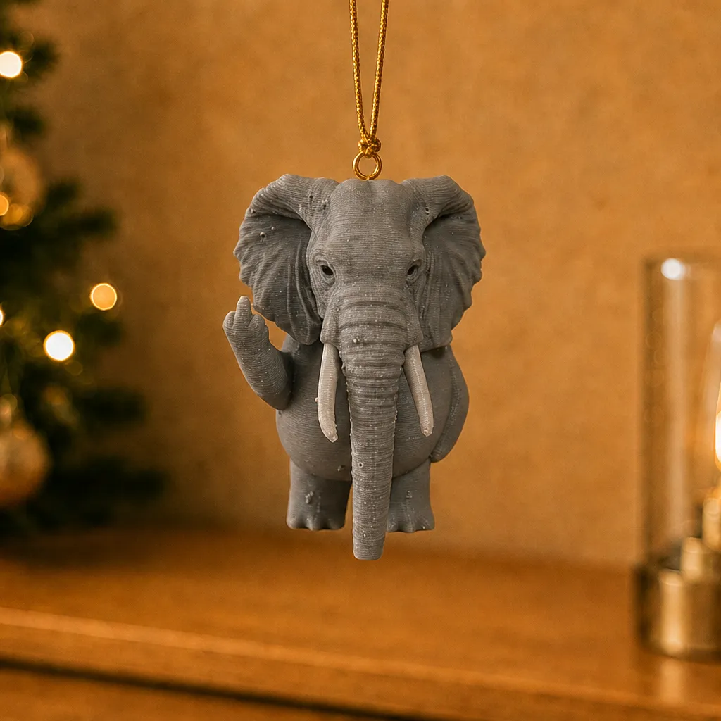 Grijze olifant met attitude hangt aan een gouden ketting voor een warme achtergrond met lampjes.
