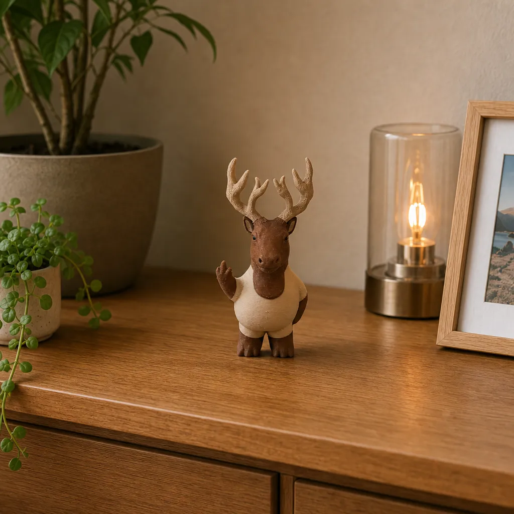 Elandbeeldje met opgeheven hoef op een houten plank, naast een lamp, plant en fotolijst.