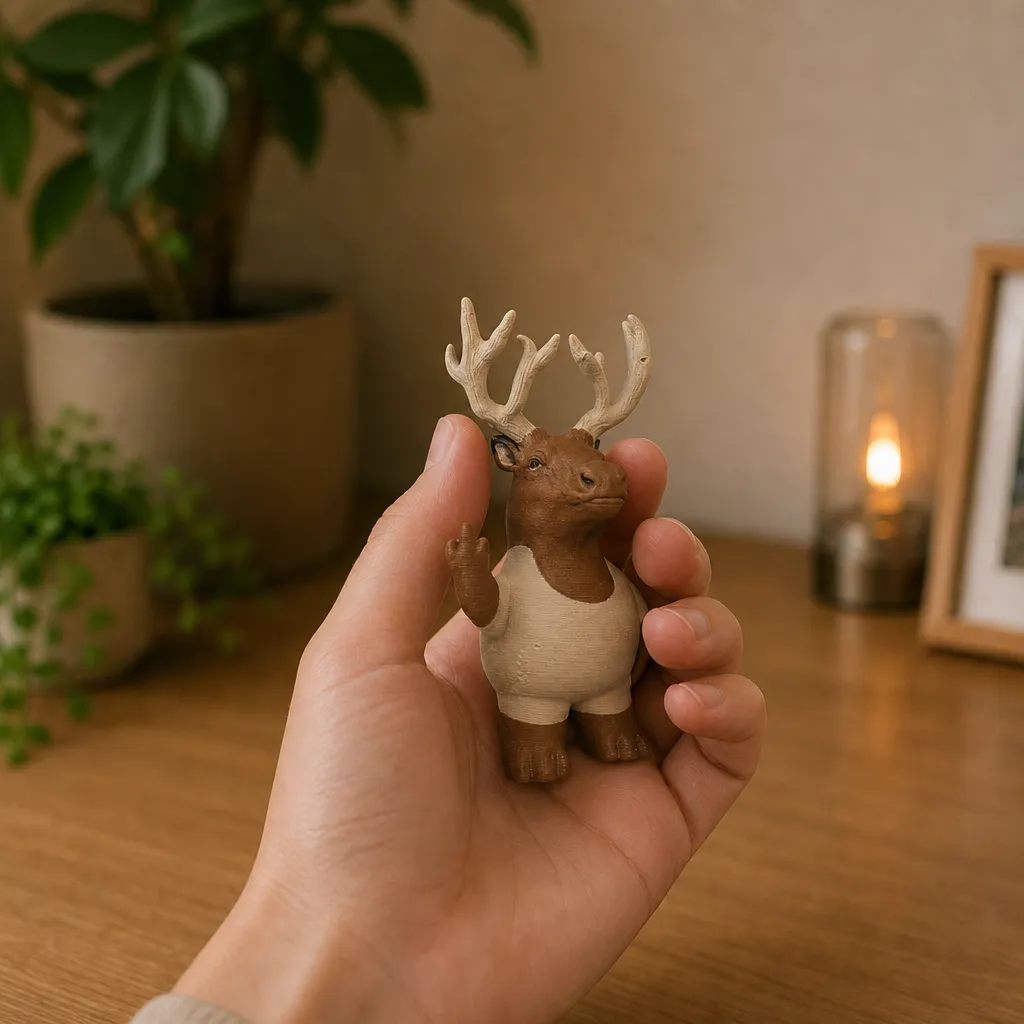 Elandbeeldje met gewei en witte buik dat in een hand wordt vastgehouden voor schaalindruk.