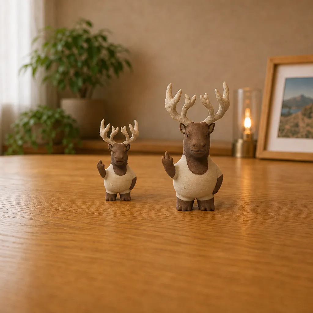 Twee elandbeeldjes met geheven hoef naast elkaar op een houten tafel, in verschillend formaat.