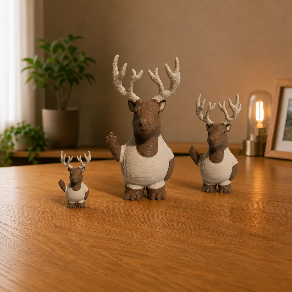 Drie elandbeeldjes met gewei en witte buik, opgesteld van klein naar groot op een houten tafel.