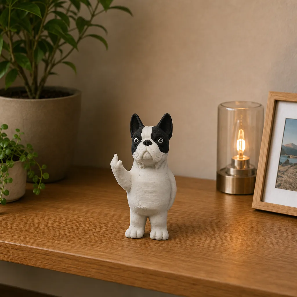 Bulldog beeldje met opgestoken poot op een houten plank, gefotografeerd naast een glazen lamp en fotolijst.