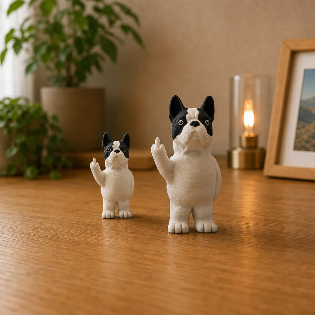 Drie passief agressieve bulldog beeldjes in verschillende zichtbare groottes naast elkaar op een houten bureau.
