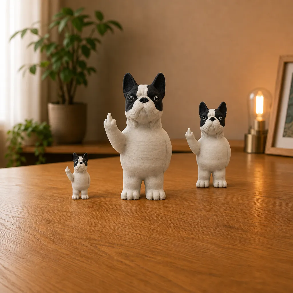 Drie witte bulldog beeldjes met zwarte koptekening en opgestoken poot, opgesteld van klein naar groot op een plank.