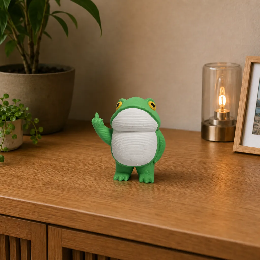 Kikker voor bureau staat klein op een houten kast, met een brandende lamp en plant op de achtergrond.