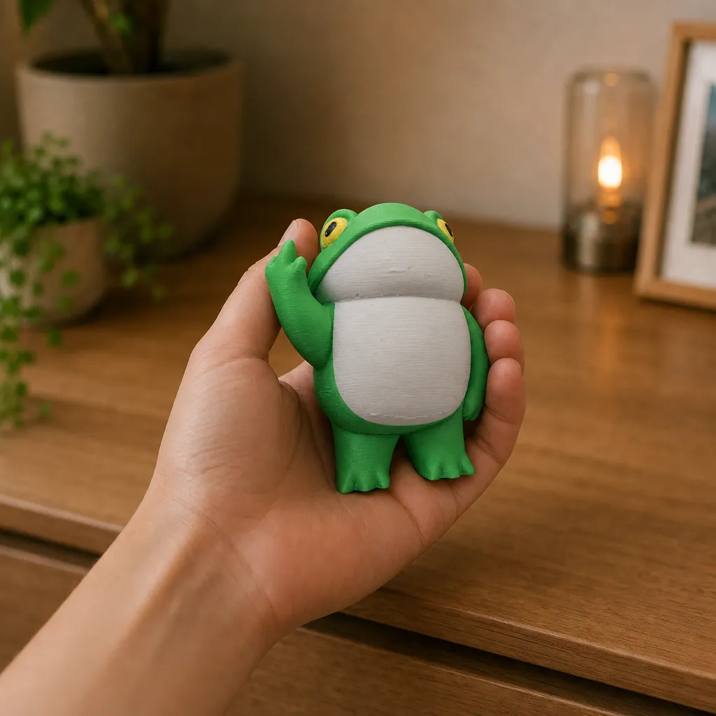Een hand houdt de grasgroene kikker met witte buik vast, met de opgeheven hand duidelijk zichtbaar.