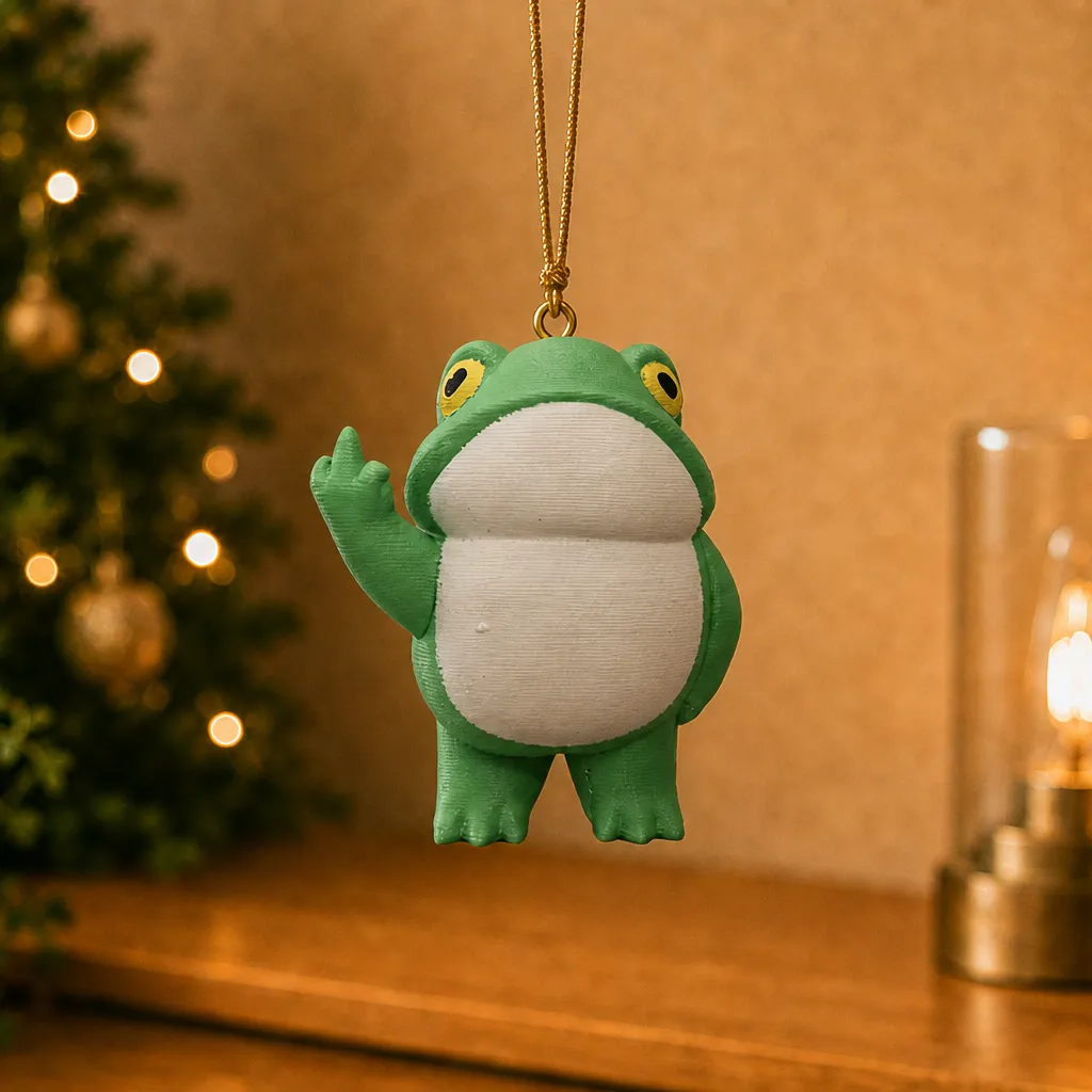 Grasgroene kikker met witte buik hangt aan een gouden koord voor een warm verlichte achtergrond.