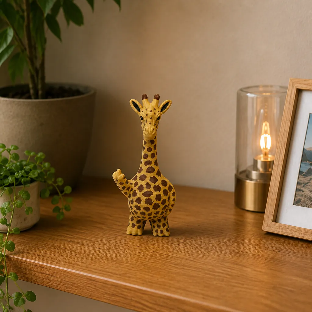 Giraffe als plankdecoratie, recht van voren gefotografeerd op een houten plank naast een plant en lamp.