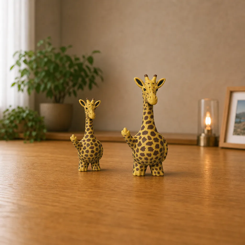 Twee giraffe-figuren met donkere vlekken staan naast elkaar op een houten plank, waarvan één duidelijk kleiner is.