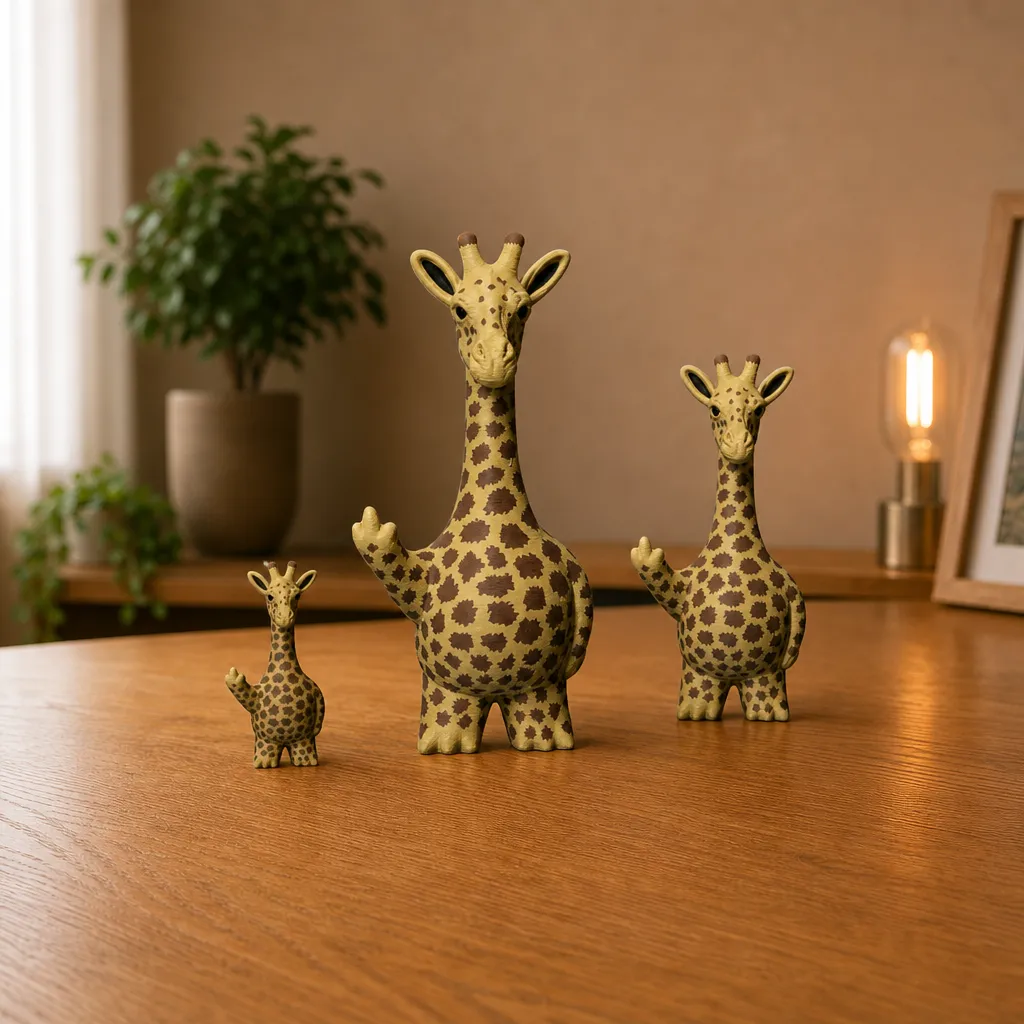 Groep van drie giraffe-figuren op een houten bureau, met een kleine figuur links en twee grotere ernaast.