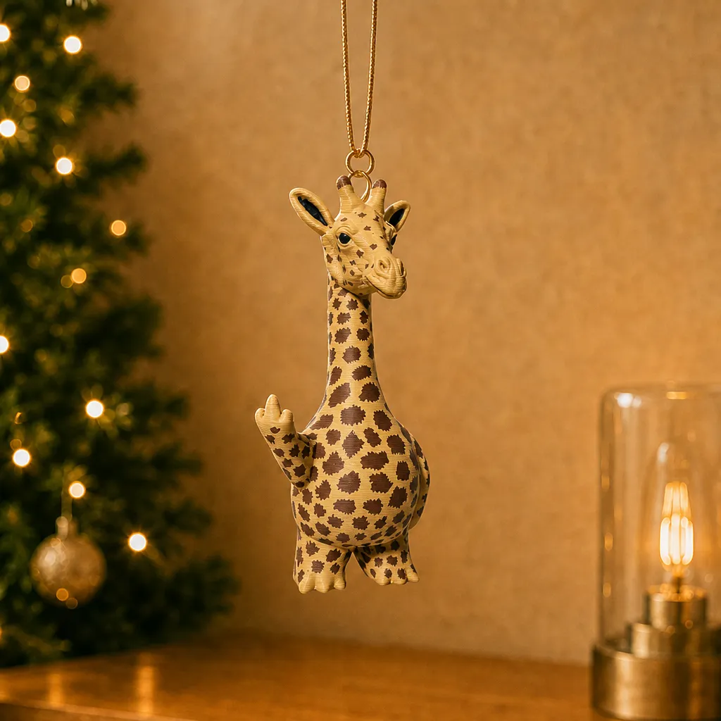 Giraffe-figurine met opgeheven hoef hangt aan een gouden koord voor een onscherpe kerstboom met lichtjes.