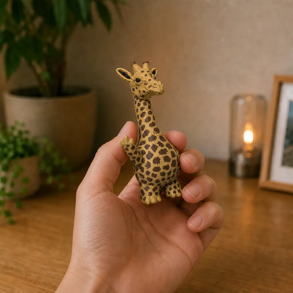 Giraffe-figurine met opgeheven hoef wordt in een hand vastgehouden, met het gezicht schuin naar rechts.