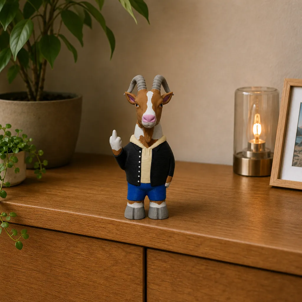 Geitenfiguur met middelvinger op een houten plank, naast een plant, lamp en ingelijste foto.