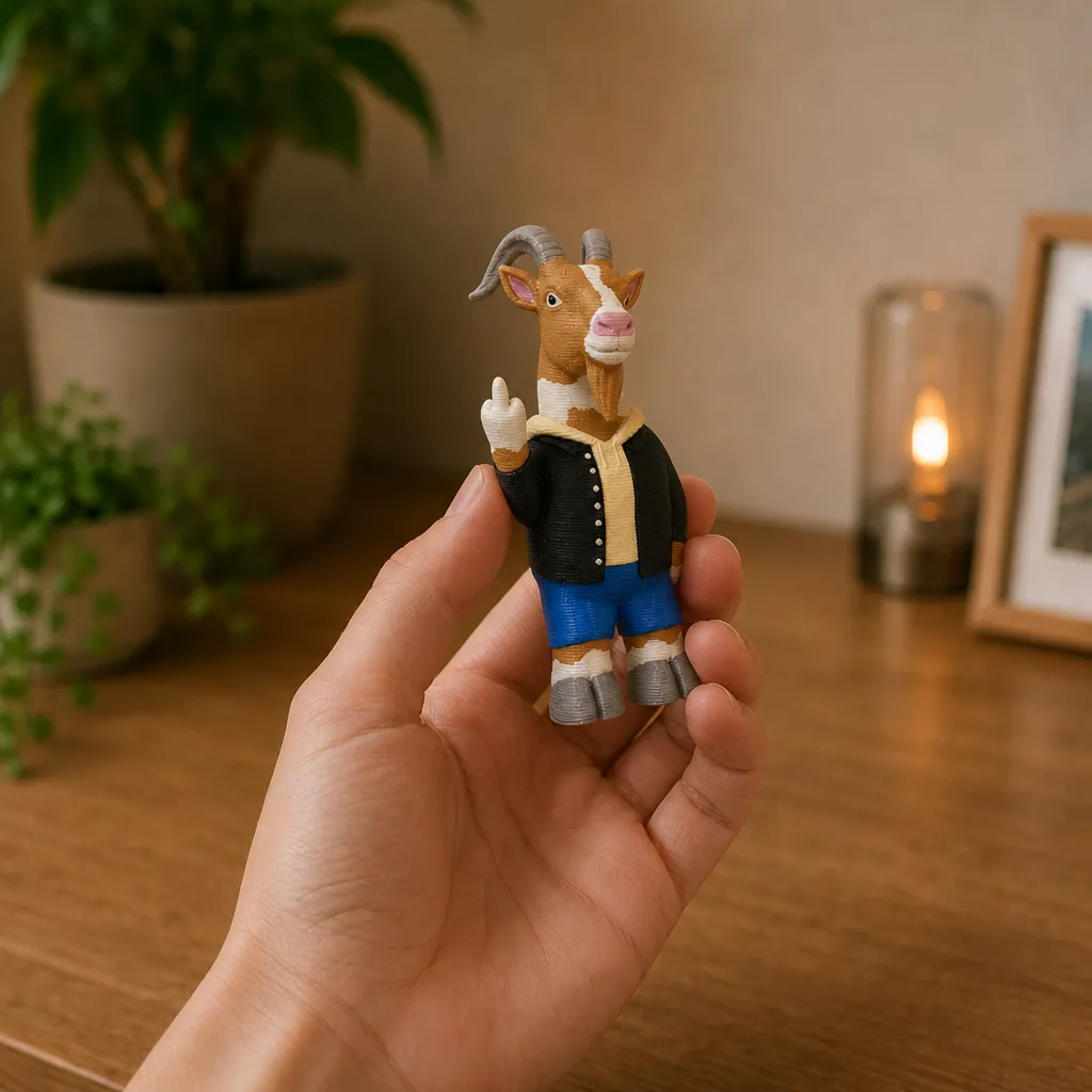 Kleine geitenfiguur met opgestoken middelvinger die rechtop in een hand wordt vastgehouden.