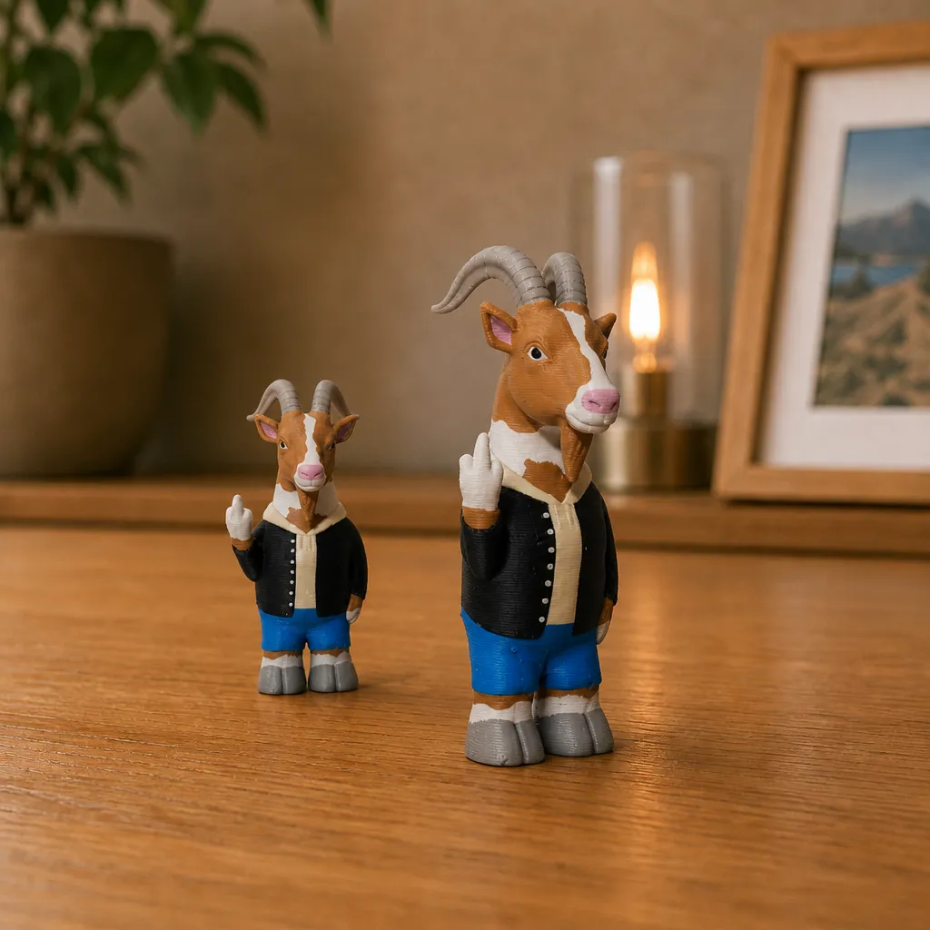 Twee geitenfiguren met zwarte jas en blauwe broek naast elkaar op een houten plank, in verschillende formaten.