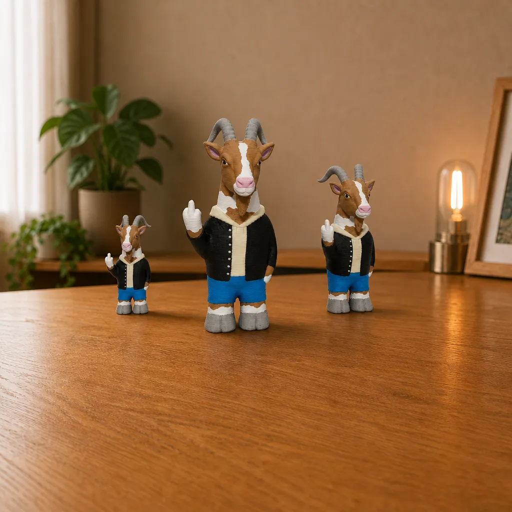 Drie geitenfiguren met opgestoken middelvinger in oplopende formaten op een houten plank.