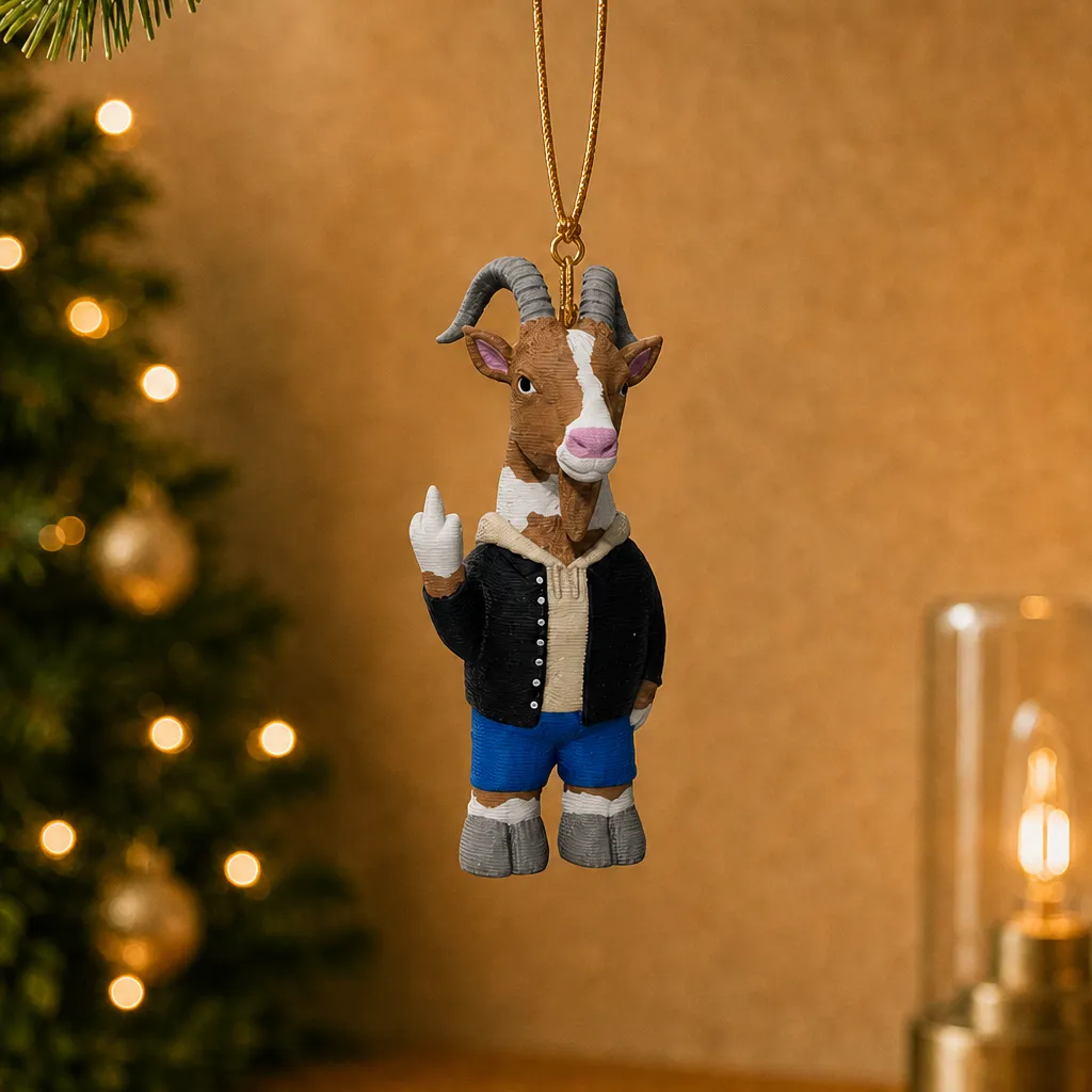 Geitenfiguur met middelvinger hangend aan een goudkleurig koord, voor een verlichte kerstboom.