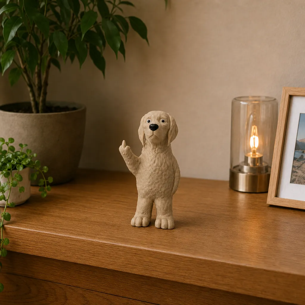 Golden retriever bureauaccessoire op een houten plank, gefotografeerd met plant, lamp en ingelijste afbeelding ernaast.