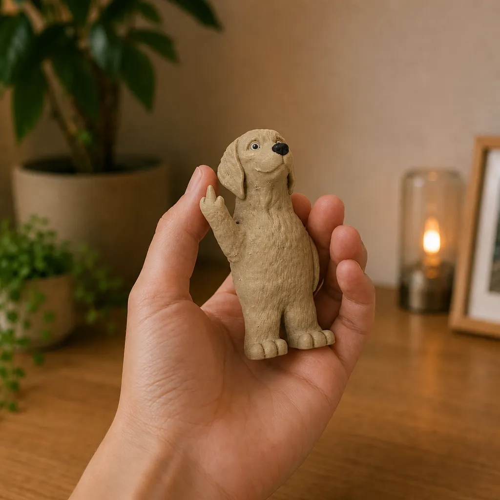 Brutaal beeldje van een golden retriever dat in een hand wordt vastgehouden, met de opgestoken poot duidelijk zichtbaar.