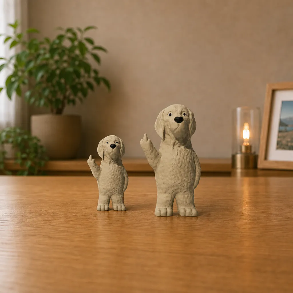 Twee golden retriever beeldjes met opgestoken poot naast elkaar op een houten blad, waarbij het linker beeldje kleiner is.