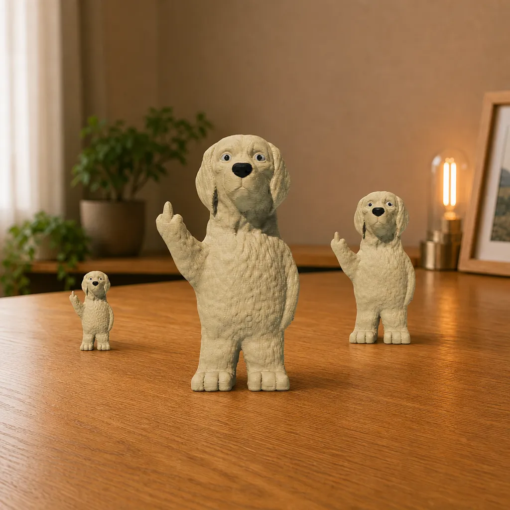 Drie golden retriever beeldjes op een houten bureau, met één groot beeldje vooraan en twee kleinere exemplaren erachter.