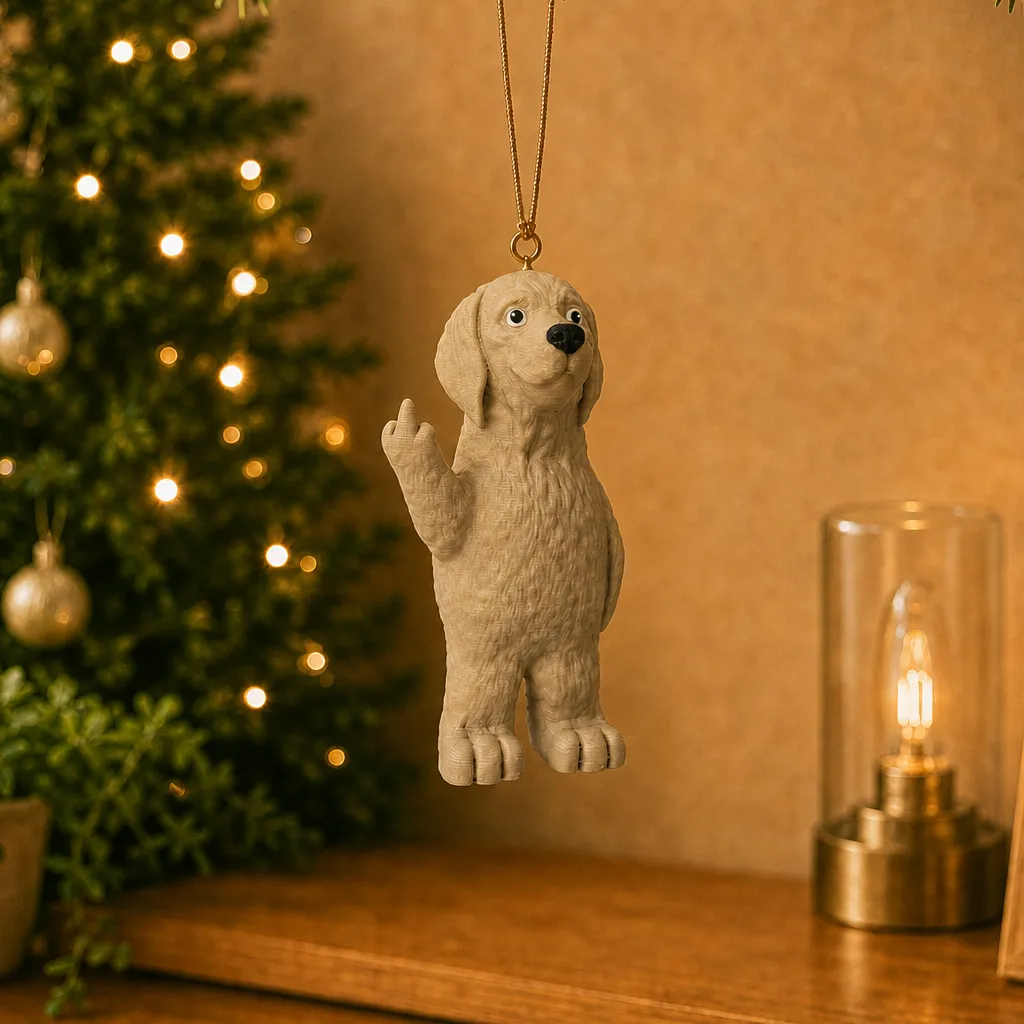 Golden retriever beeldje met opgestoken poot dat aan een dun koord hangt, voor een verlichte kerstboom.