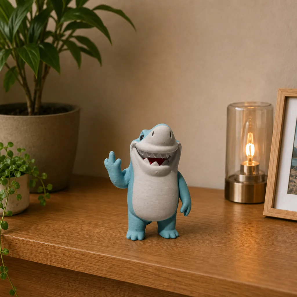 Kleine haai met middelvinger als bureauhumor op een houten plank, naast een brandende lamp en planten.