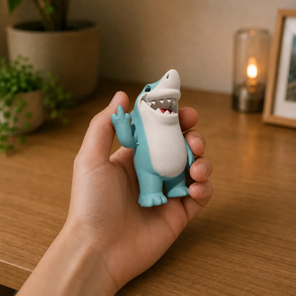 Haaienbeeldje met brede bek en opgestoken middelvinger wordt vastgehouden in een hand voor schaalindruk.