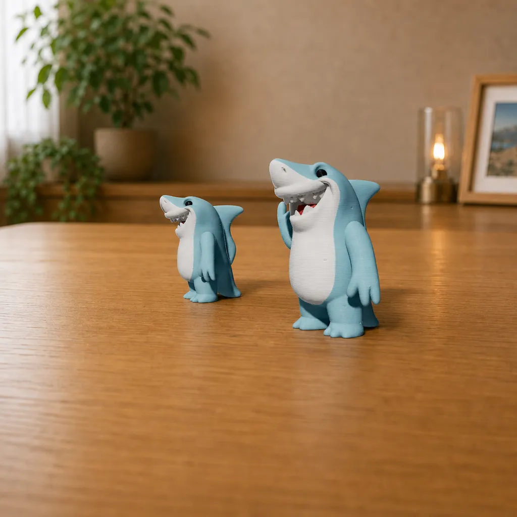 Twee blauwe haaienbeeldjes met witte buik staan naast elkaar op een houten bureau, waarvan één duidelijk groter is.