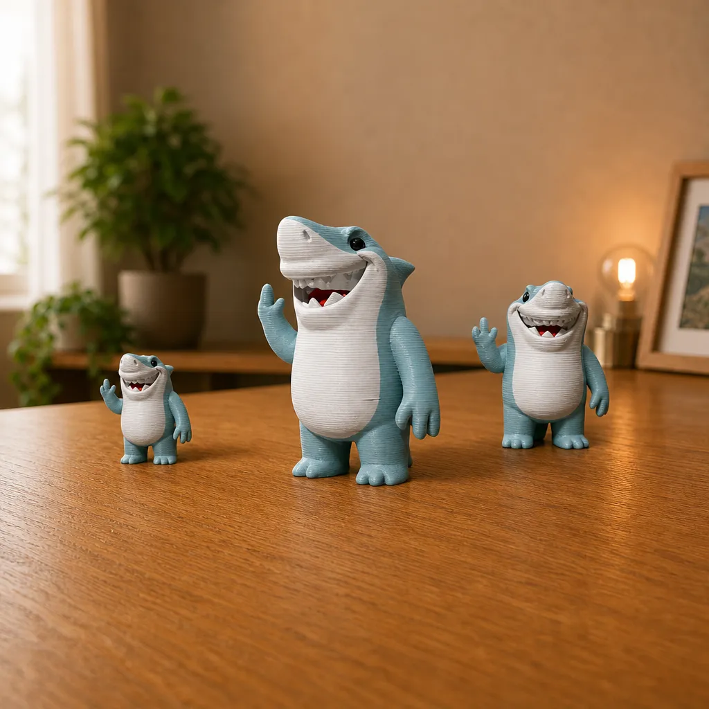 Drie haaienbeeldjes met grijnzende bekken en opgestoken middelvinger staan in een rij op een houten bureau.