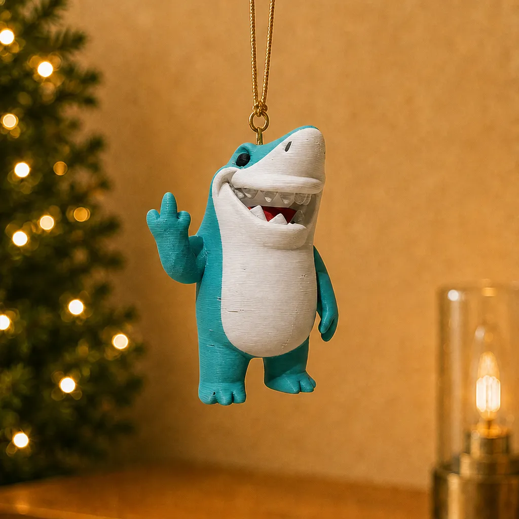 Haaienbeeldje met humor hangt aan een goudkleurige ketting, met opgestoken middelvinger voor een verlichte achtergrond.