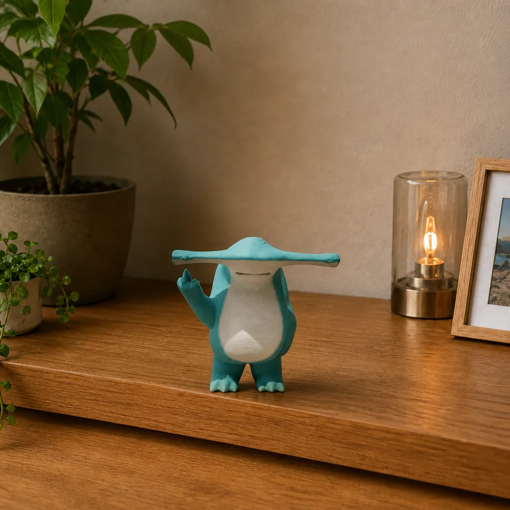 Kleine hamerhaai bureau decoratie op een houten plank, met plant en brandende lamp op de achtergrond.