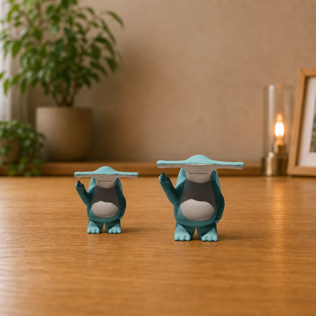 Twee hamerhaai figuren naast elkaar op een houten bureau, waarbij het rechter exemplaar groter is.