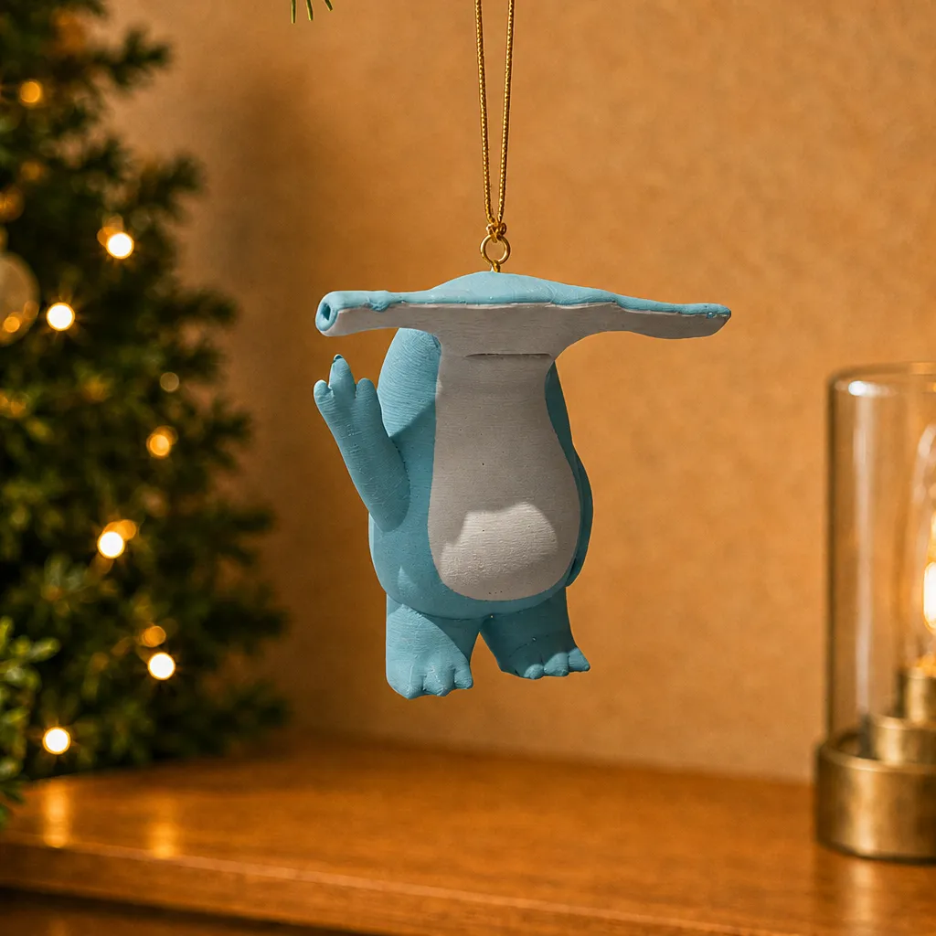 Hamerhaai figuur hangend aan een koord boven een houten plank, met warme lichtjes en lamp op de achtergrond.