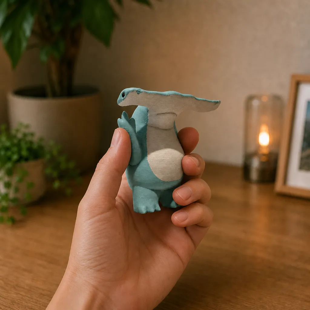 Hamerhaai decoratie van dichtbij, vastgehouden in een hand, met de brede hamerkop en lichte buik zichtbaar.