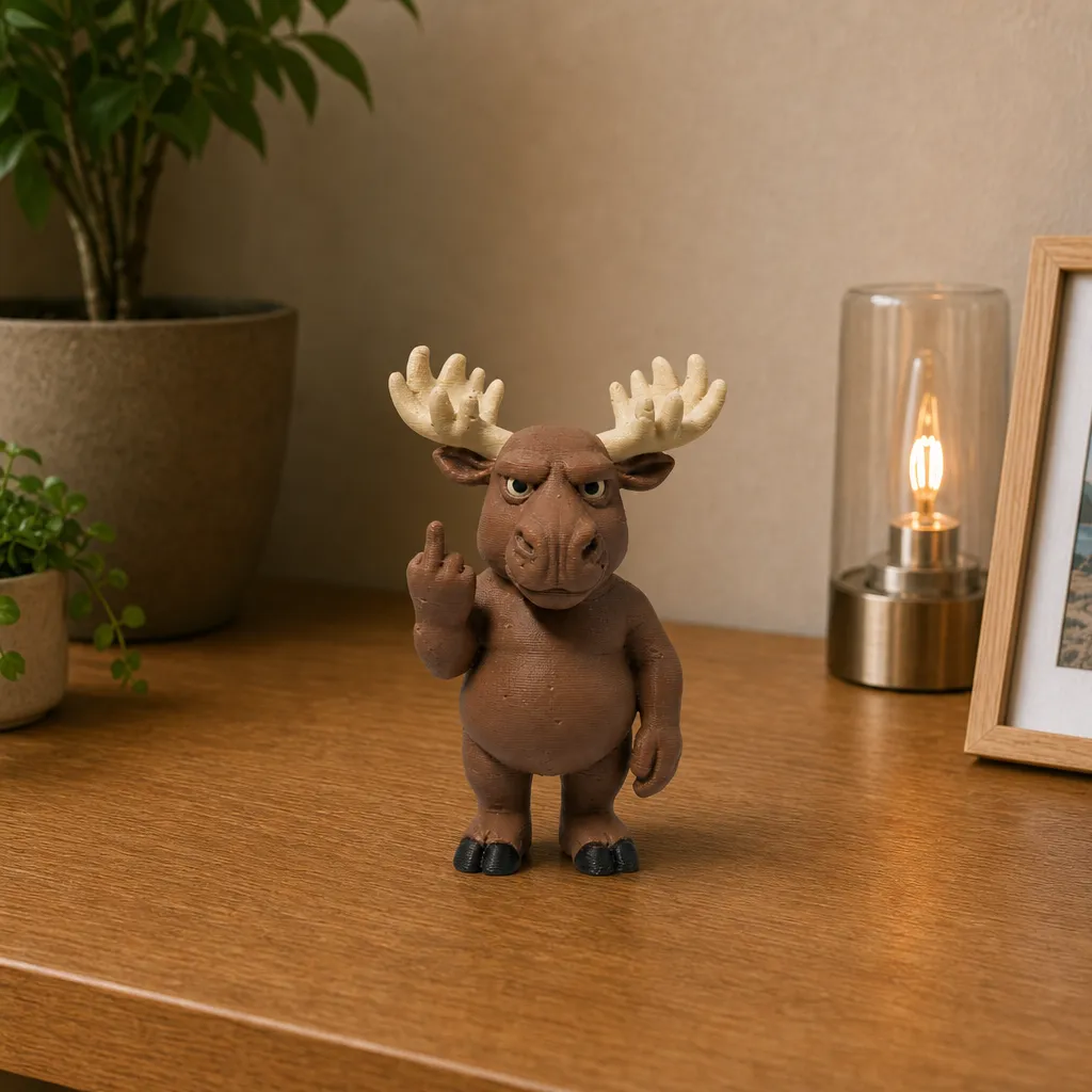 Sarcastisch cadeau in de vorm van een elandfiguur op een houten plank, naast een brandende tafellamp en fotolijst.
