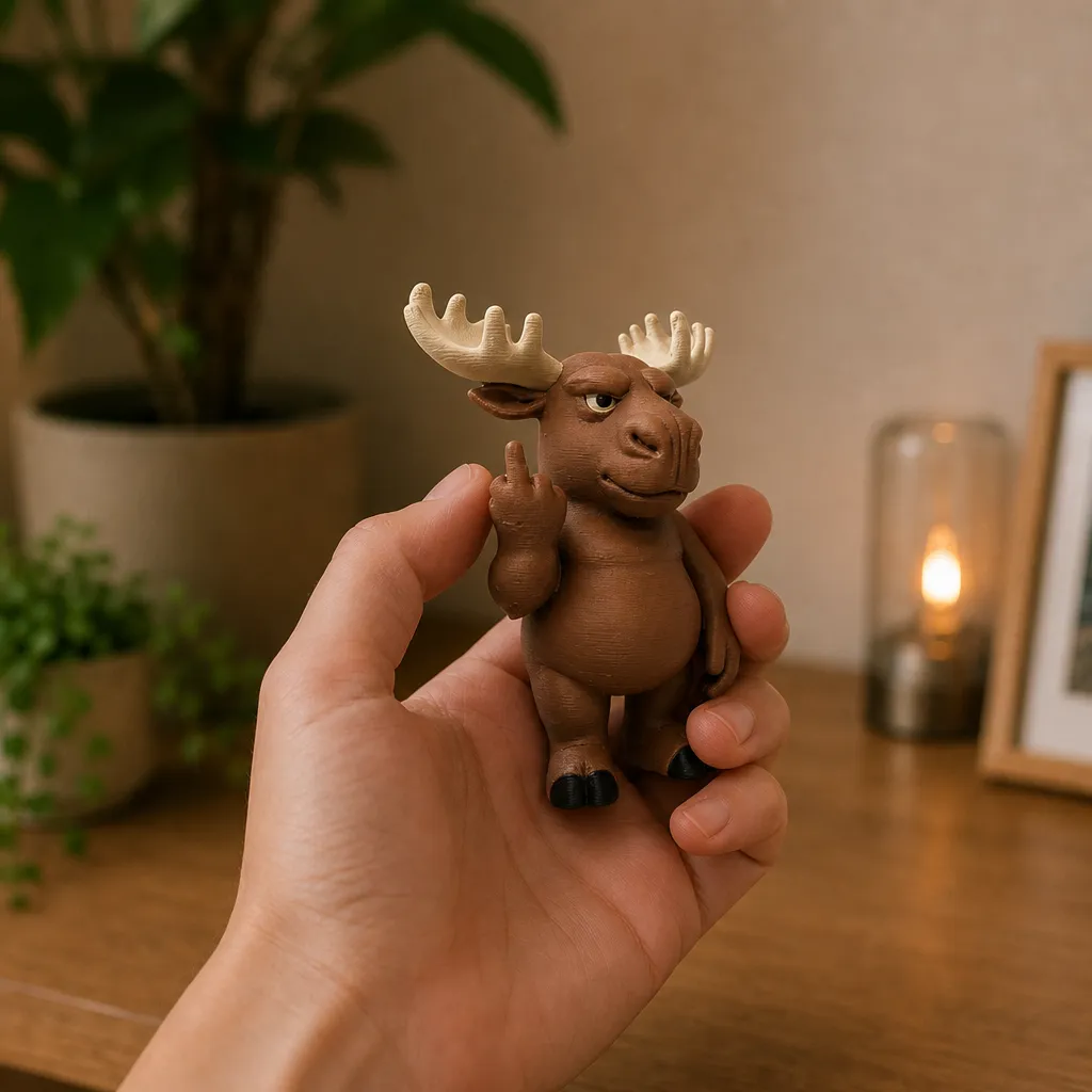 Elandfiguur met norse blik en opgestoken middelvinger wordt in één hand vastgehouden voor een houten achtergrond.