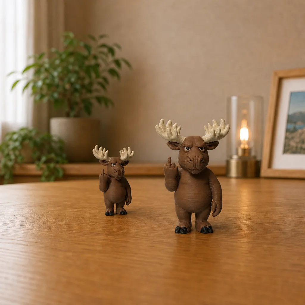 Twee elandfiguren met attitude staan naast elkaar op een houten tafel, waarbij de rechter figuur duidelijk groter is.