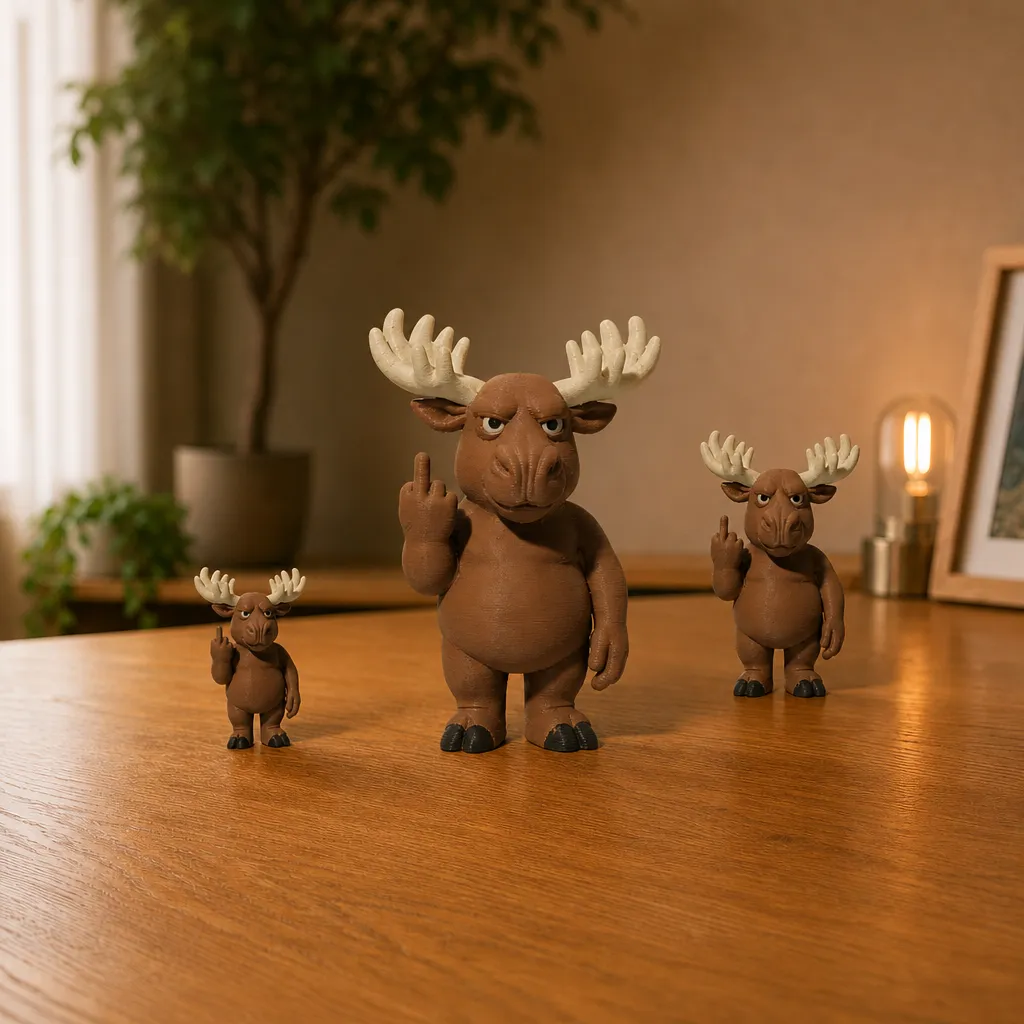 Drie elandfiguren met attitude in verschillende zichtbare groottes staan op een houten plank voor een lamp en planten.