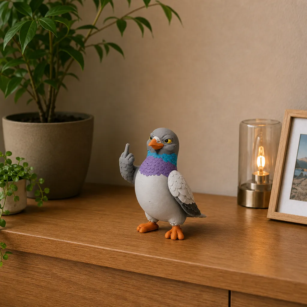 Brutale duif als kantoorhumor op een houten plank, naast een glazen lamp en een ingelijste foto.
