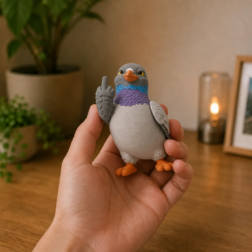 Duif met attitude wordt in een hand gehouden; de grijze vogel heeft een oranje snavel en paarse borstveren.