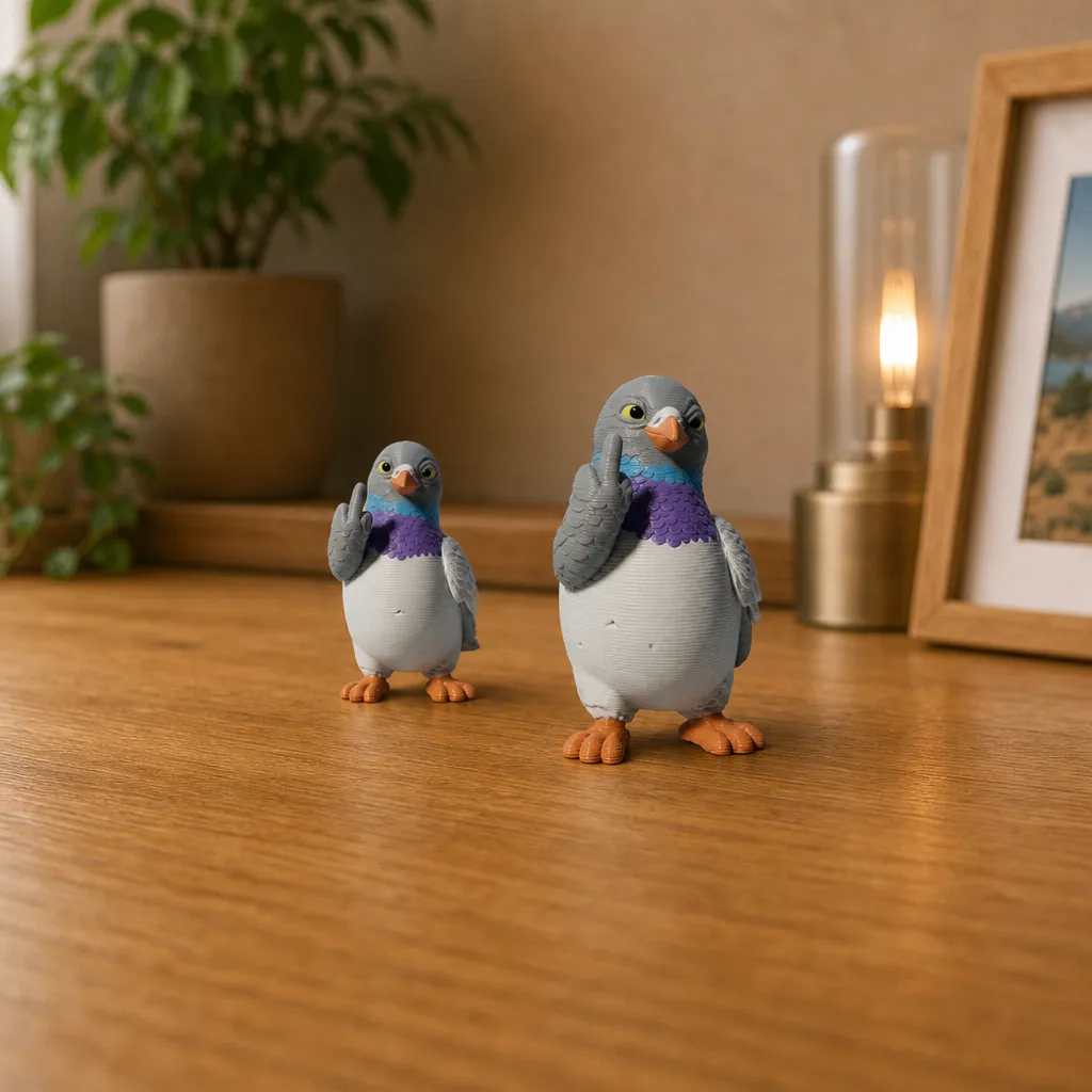 Twee duiven met opgestoken vleugel staan naast elkaar op een houten bureau, met een brandende lamp op de achtergrond.