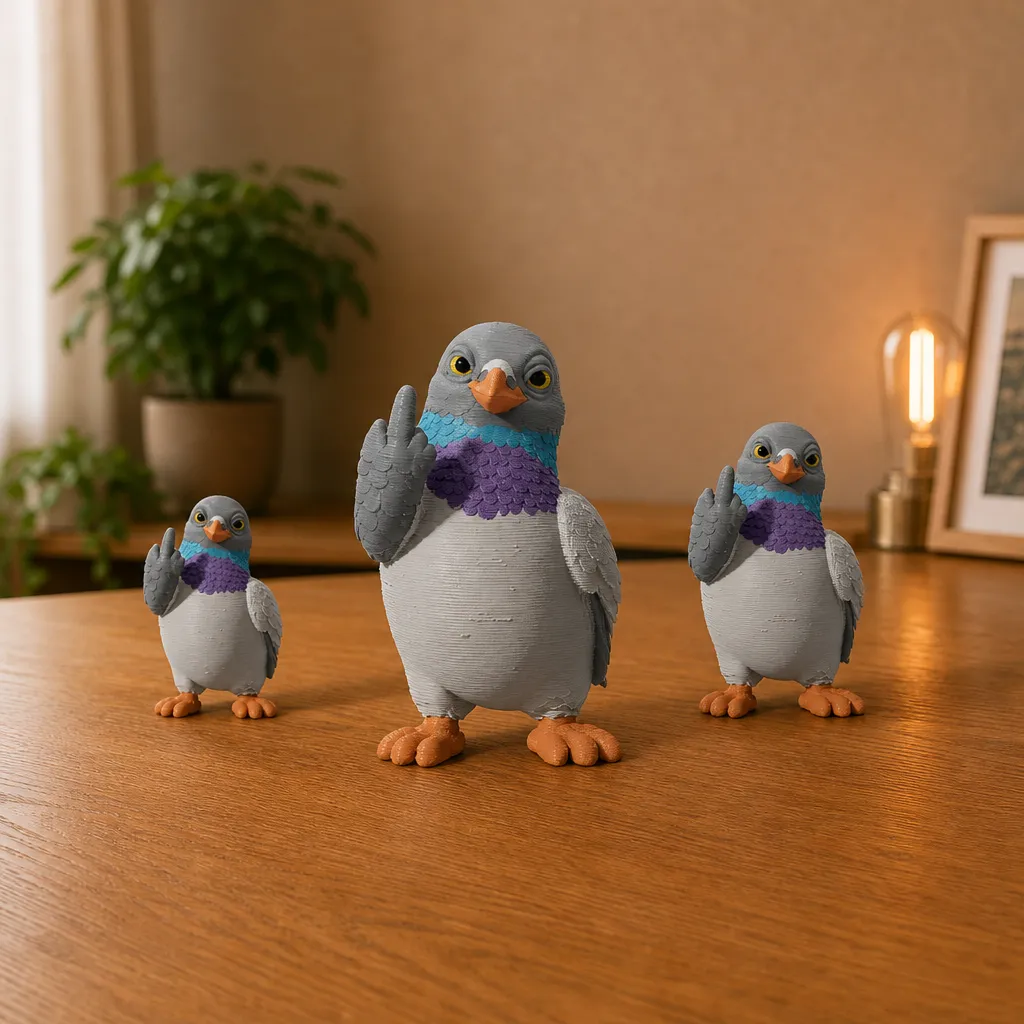 Drie duiven voor kantoorhumor op een houten bureau, waarbij de middelste duif het grootst in beeld staat.