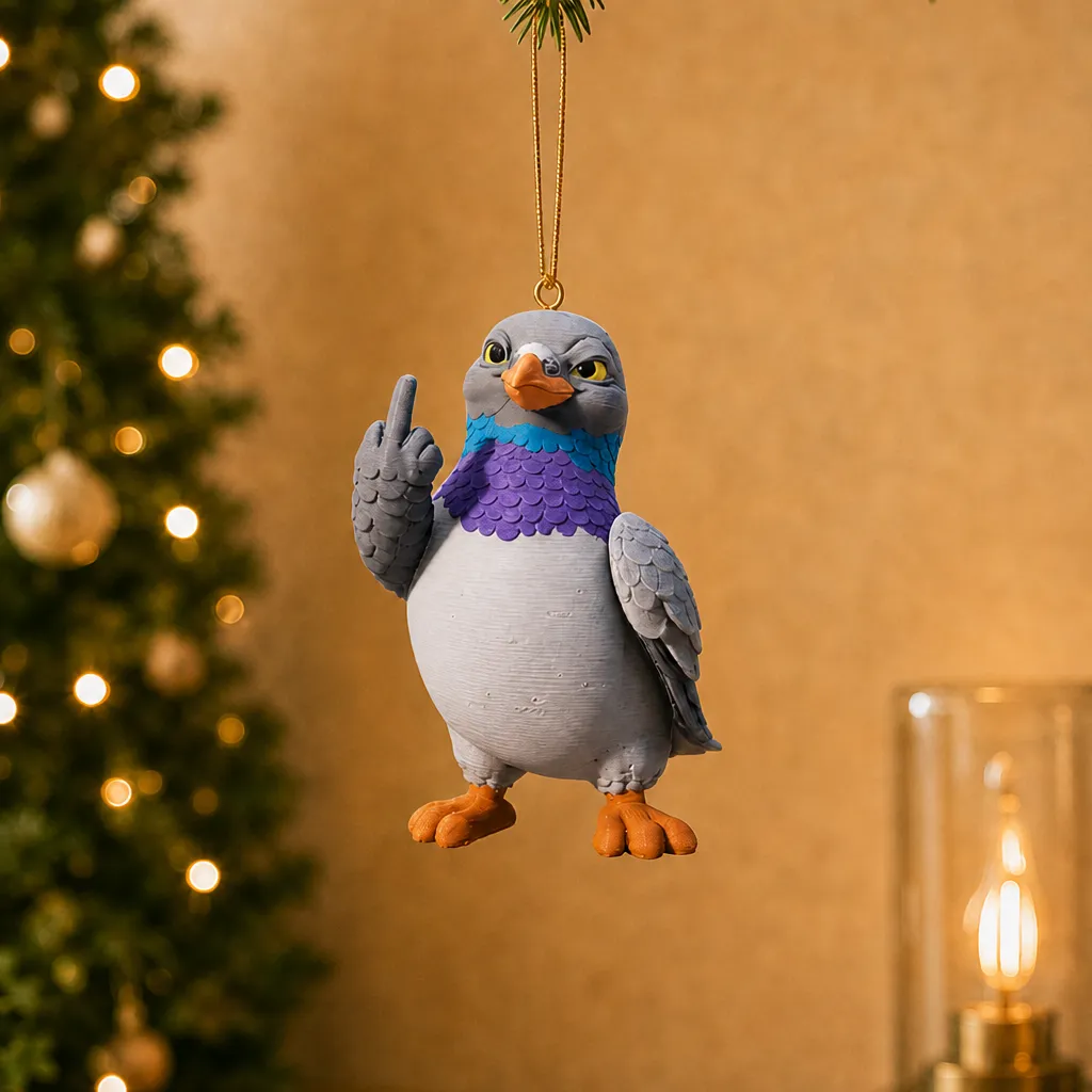 Duif met attitude hangt aan een goudkleurig koord voor een onscherpe kerstboom en steekt één vleugel omhoog.