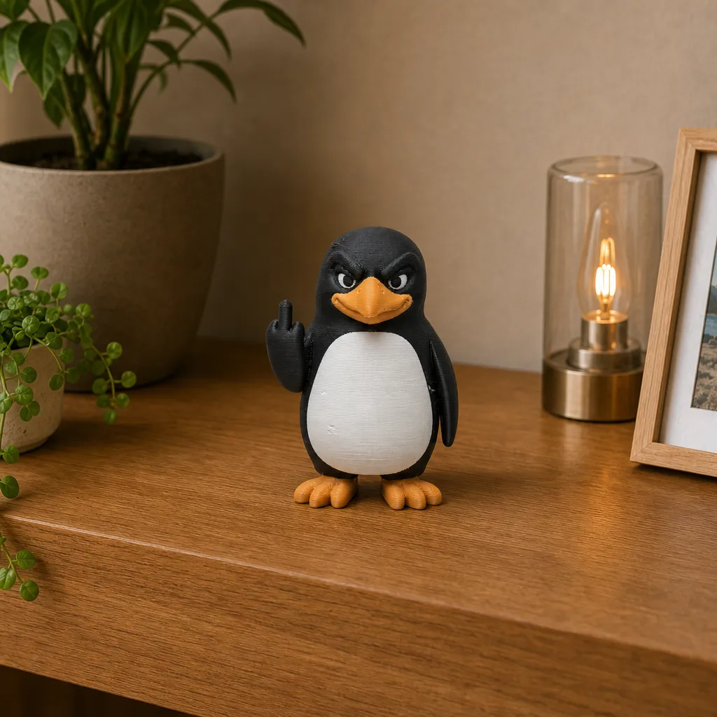 Pinguïn bureauaccessoire op een houten plank, naast een brandende lamp en een fotolijst.