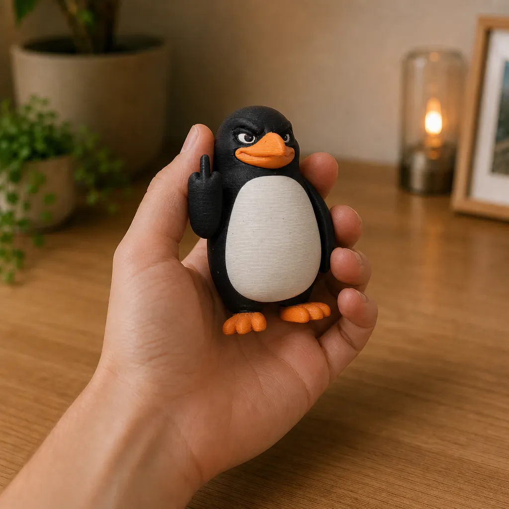 Pinguïn met attitude wordt in één hand vastgehouden, met de opgestoken vleugel duidelijk zichtbaar.
